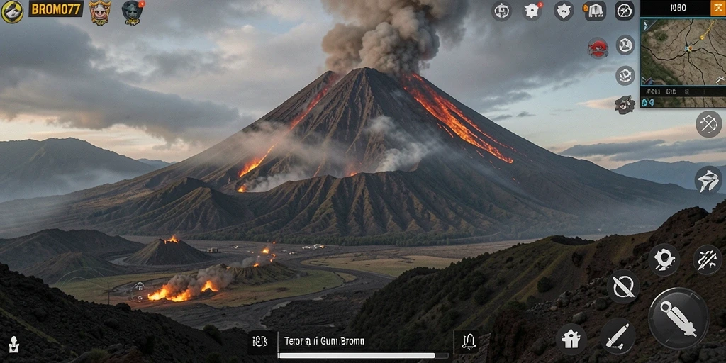Screenshot gameplay BROMO77 menampilkan suasana mencekam dan karakter misterius.