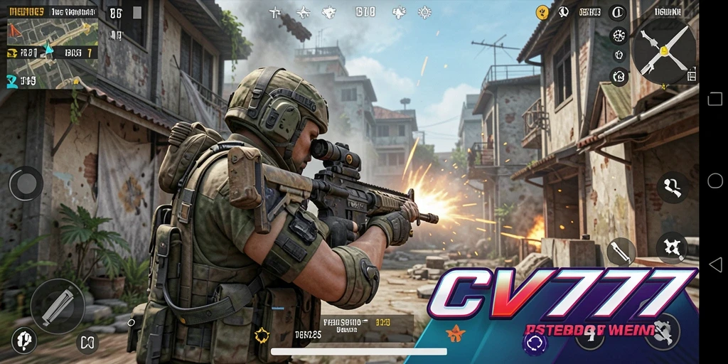 Screenshot CV777 menampilkan aksi tembak-menembak yang intens dalam permainan FPS.