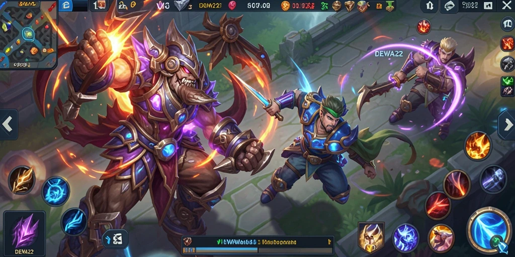 Gameplay seru DEWA22 dengan aksi pertarungan tim yang mendebarkan.