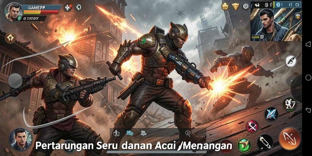 Screenshot gameplay GAMERP menampilkan aksi seru di medan perang.