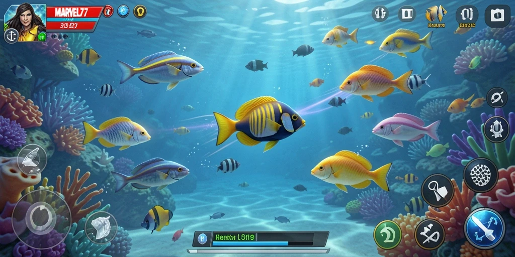 Tampilan menangkap ikan yang seru dalam gameplay MARVEL77.