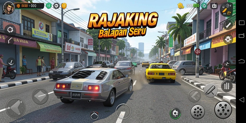 Tampilan seru dari gameplay RAJAKING dengan mobil balap di trek.