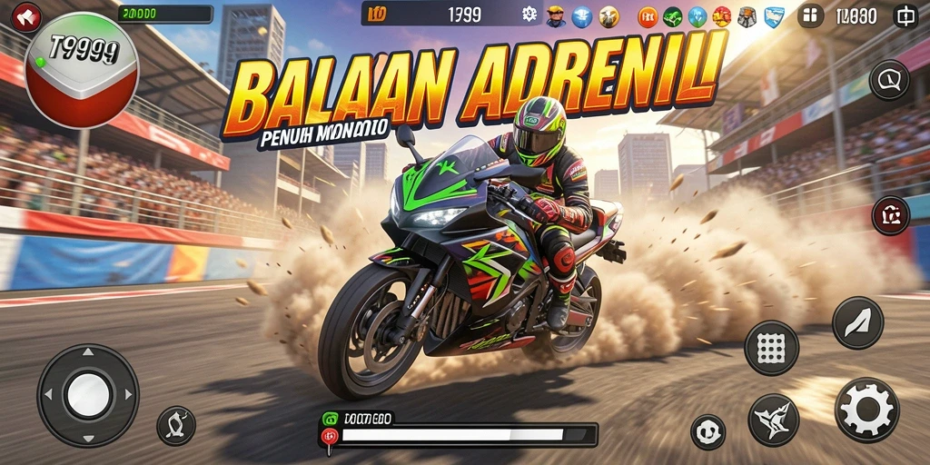 Screenshot gameplay T9999 menampilkan aksi balap motor yang mendebarkan.